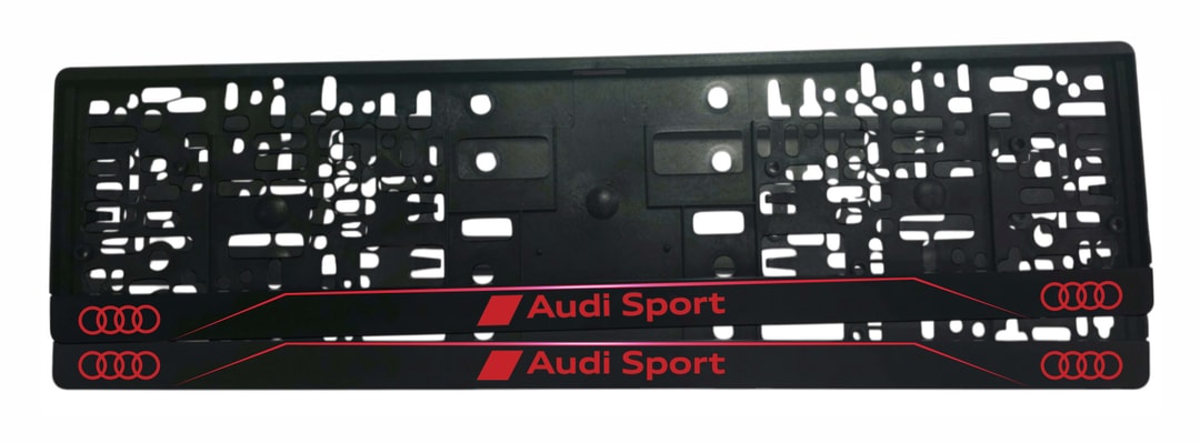 Рамка за регистрационен номер Audi Sport v4 — надпис Audi Sport с ромб и четири ринга изцяло в червено върху черна лайсна, UV печат със защитен лак