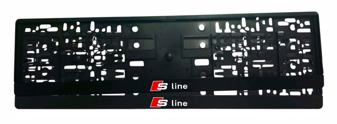 Рамка за регистрационен номер Audi S line с червена емблема S и бял надпис line върху черна лайсна — UV печат със защитен лак