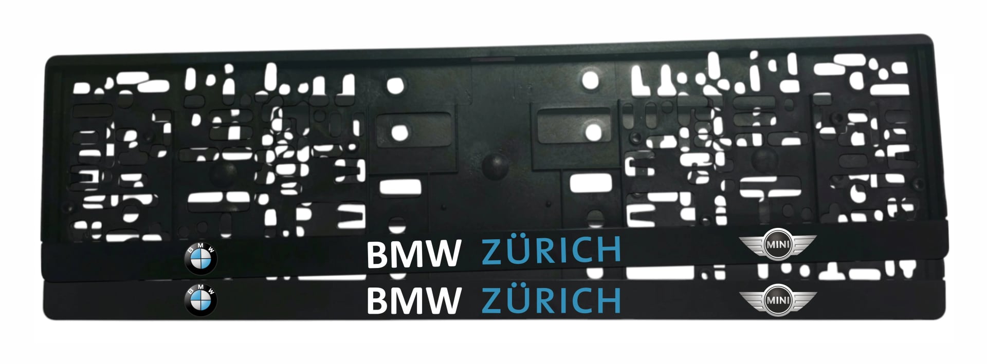 Рамка за регистрационен номер BMW Zürich с бял надпис BMW, синьо ZÜRICH, лого на BMW и лого на MINI от двете страни — UV печат със защитен лак