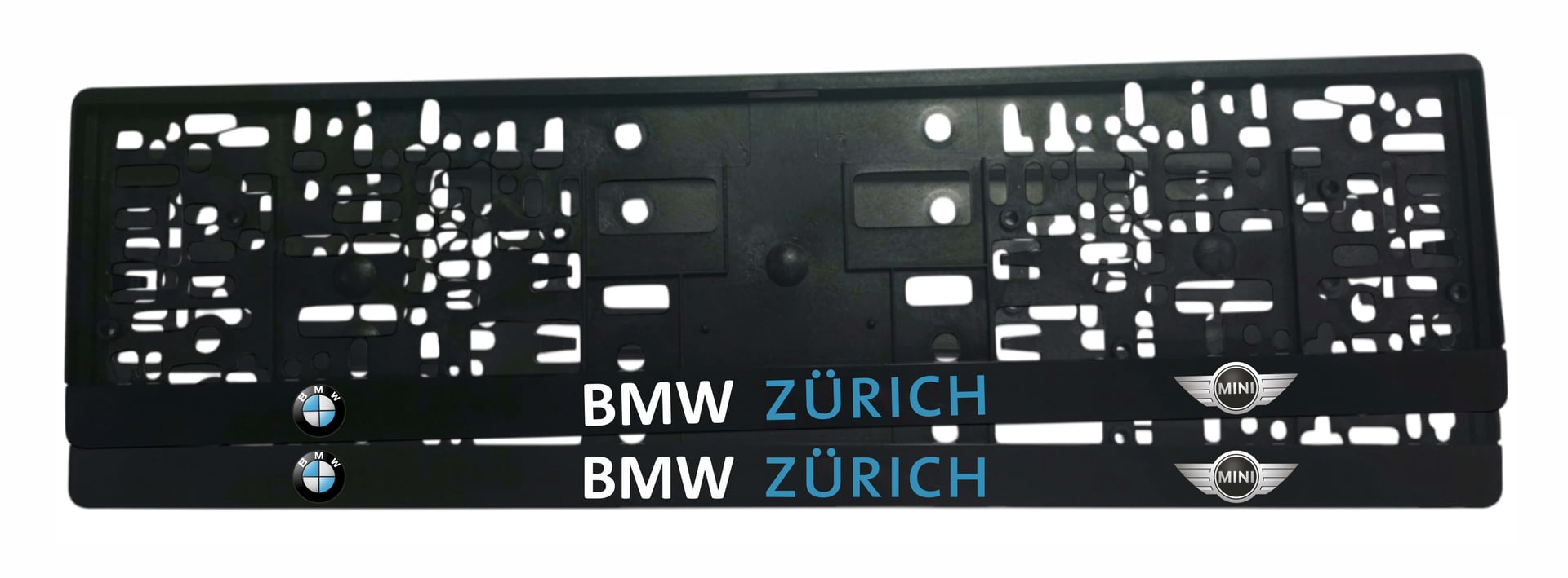 Рамка за регистрационен номер BMW Zürich с бял надпис BMW, синьо ZÜRICH, лого на BMW и лого на MINI от двете страни — UV печат със защитен лак