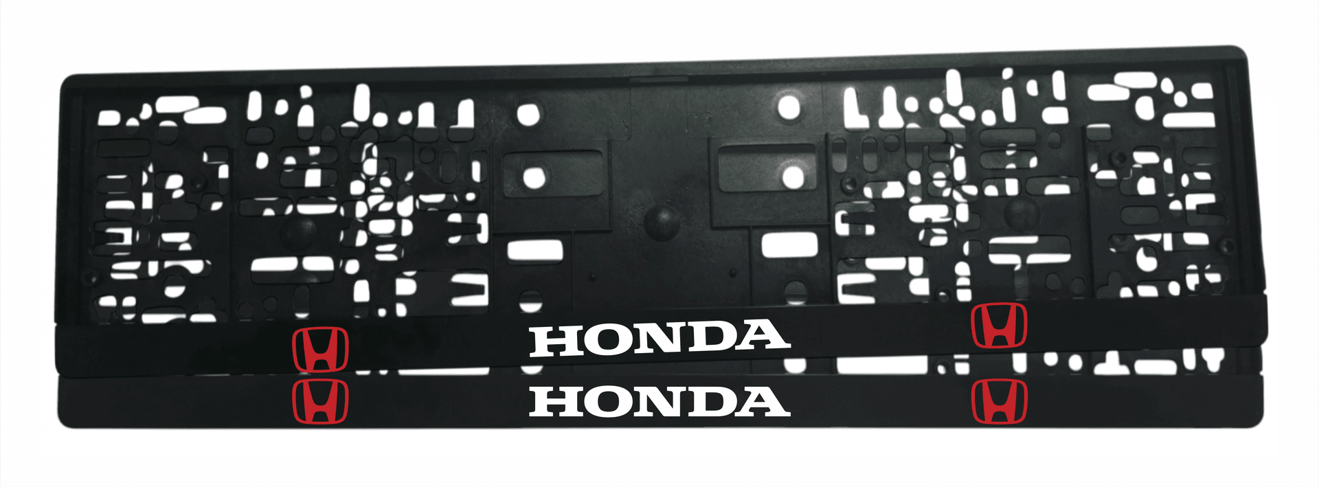 Рамка за регистрационен номер Honda с бял надпис HONDA и червени H емблеми от двете страни върху черна лайсна — UV печат със защитен лак