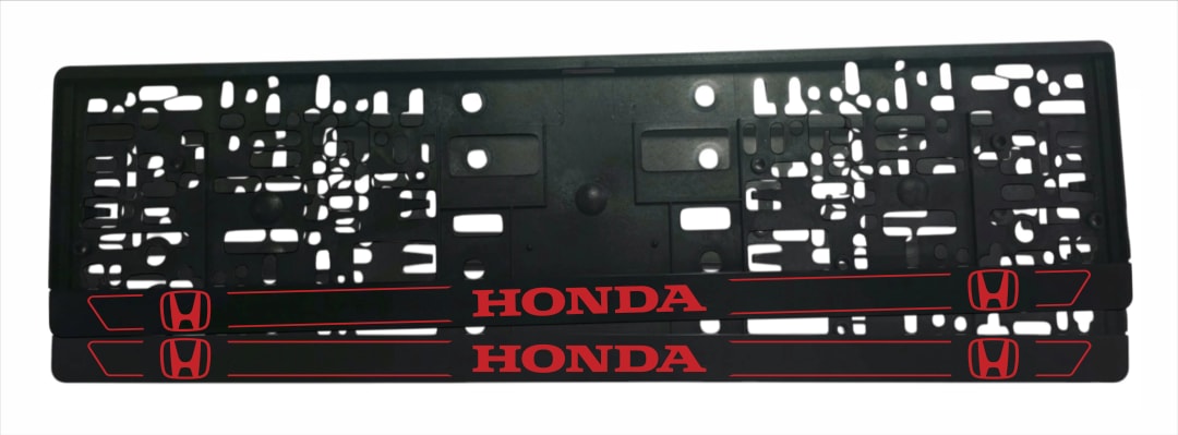 Рамка за регистрационен номер Honda v3 — червен надпис HONDA с червени H лога в краищата и тънки двойни линии, UV печат със защитен лак