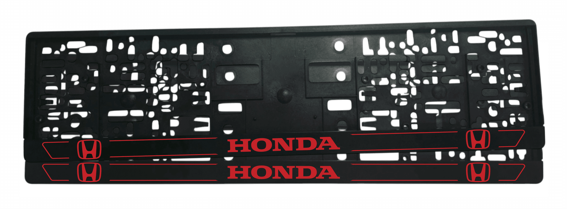Рамка за регистрационен номер Honda v3 — червен надпис HONDA с червени H лога в краищата и тънки двойни линии, UV печат със защитен лак