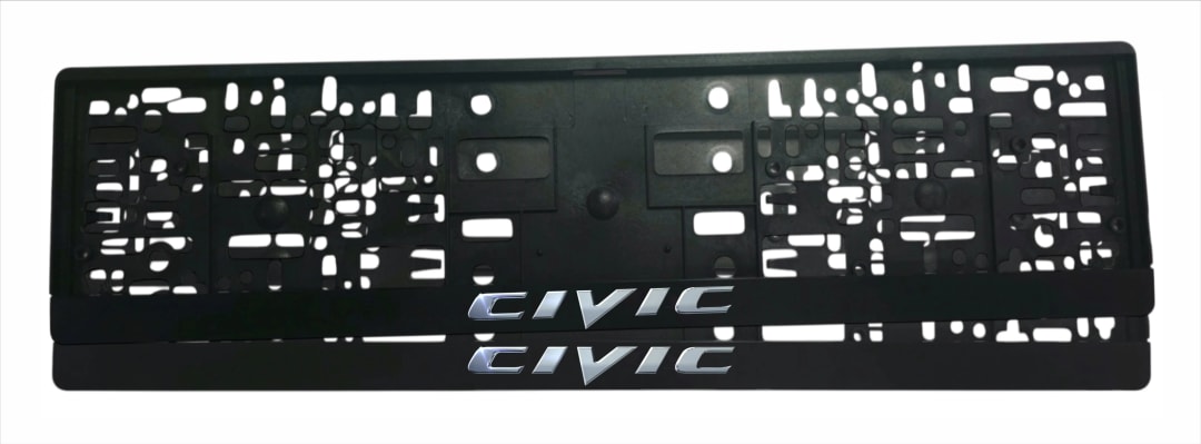 Рамка за регистрационен номер Honda Civic — надпис CIVIC в сребрист хром ефект с оригиналния шрифт на модела, UV печат със защитен лак