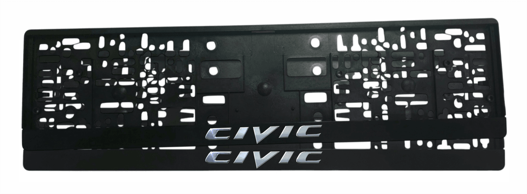 Рамка за регистрационен номер Honda Civic — надпис CIVIC в сребрист хром ефект с оригиналния шрифт на модела, UV печат със защитен лак