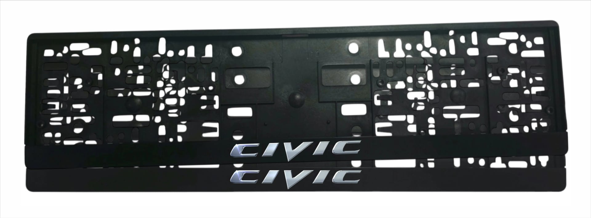Рамка за регистрационен номер Honda Civic — надпис CIVIC в сребрист хром ефект с оригиналния шрифт на модела, UV печат със защитен лак
