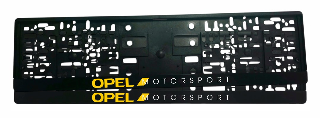 Рамка за регистрационен номер Opel Motorsport — надпис OPEL в жълто с жълт триъгълен елемент и MOTORSPORT в бяло, UV печат със защитен лак