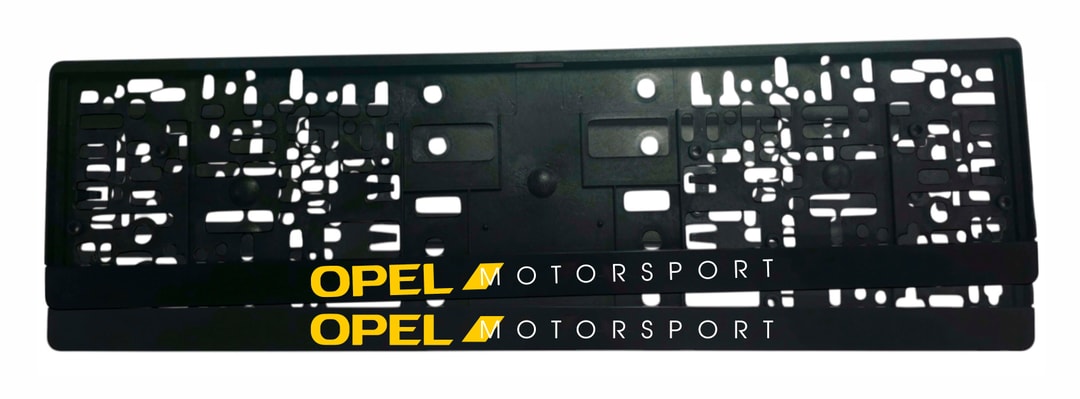 Рамка за регистрационен номер Opel Motorsport — надпис OPEL в жълто с жълт триъгълен елемент и MOTORSPORT в бяло, UV печат със защитен лак