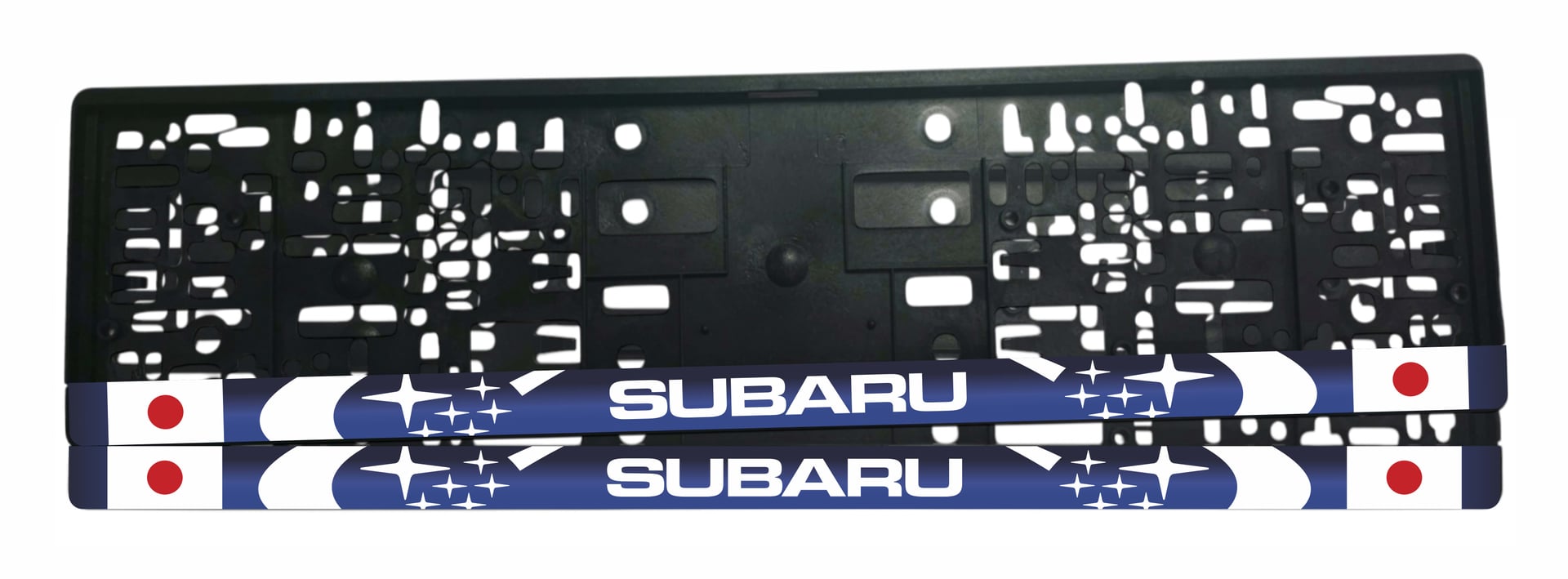 Рамка за регистрационен номер Subaru с мат син фон, звездите на Плеядите, лакиран бял надпис SUBARU и японски знамена от двете страни — UV печат със защитен лак